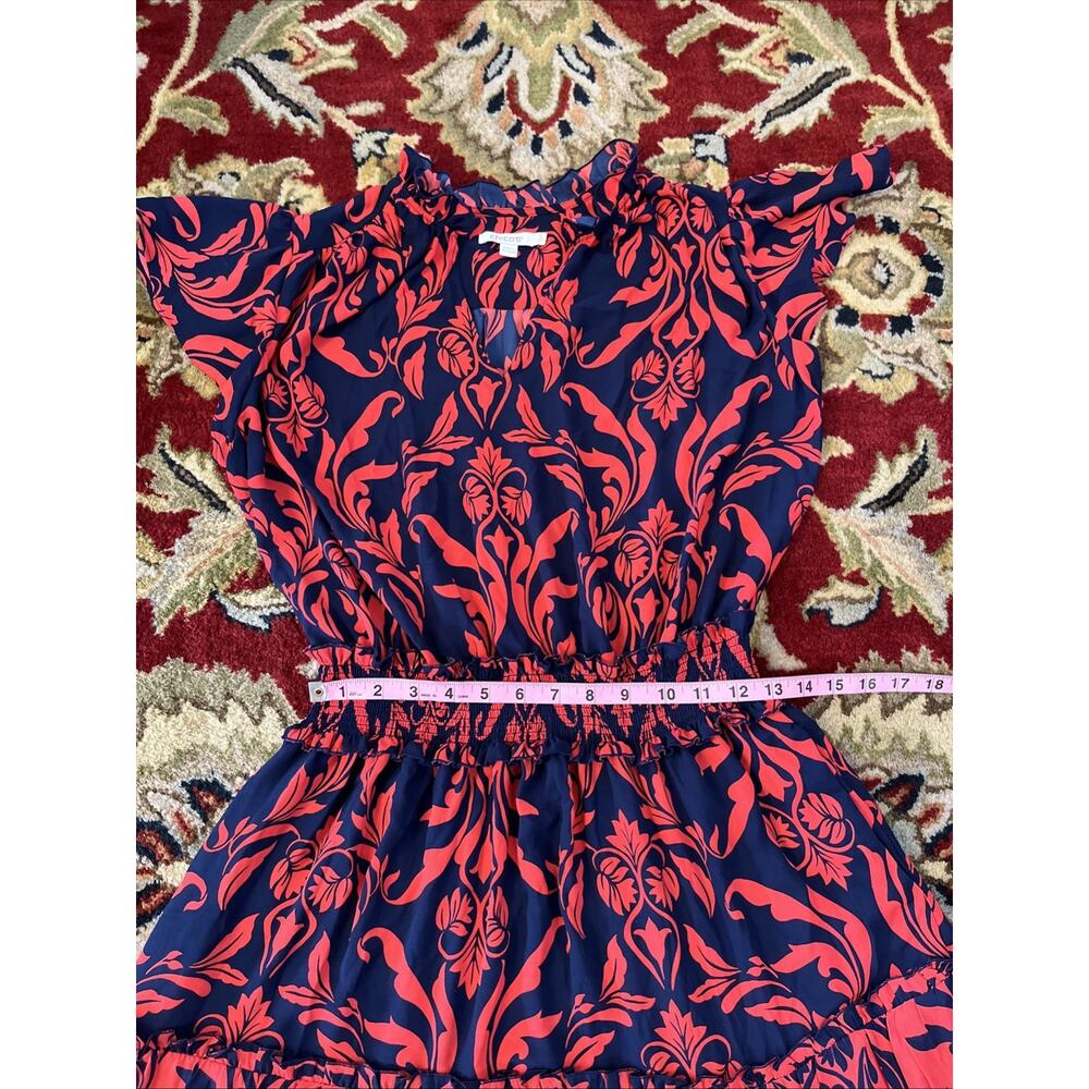 CHICOS Sz 0 Maxi Dress US 4 S Flutter Sleeve Smocked Waist Damask Floral Tier - Picture 10 of 11